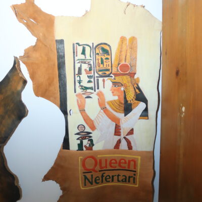 IMG_0629 Hand-Painted Leather Wall Art of Queen Nefertari with Plumed Headdress