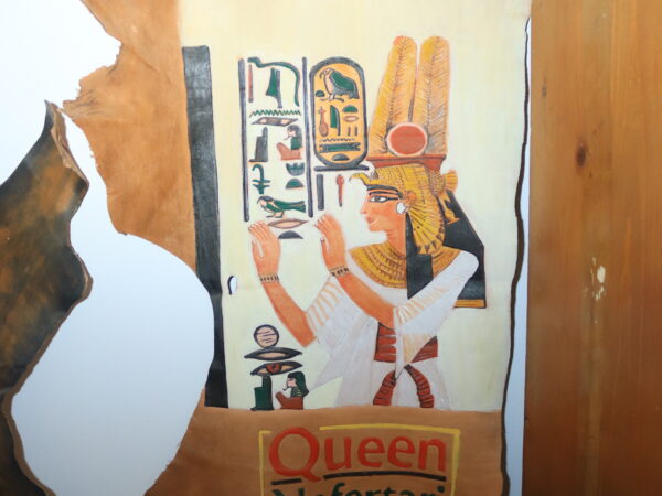 Hand-Painted Leather Wall Art of Queen Nefertari with Plumed Headdress