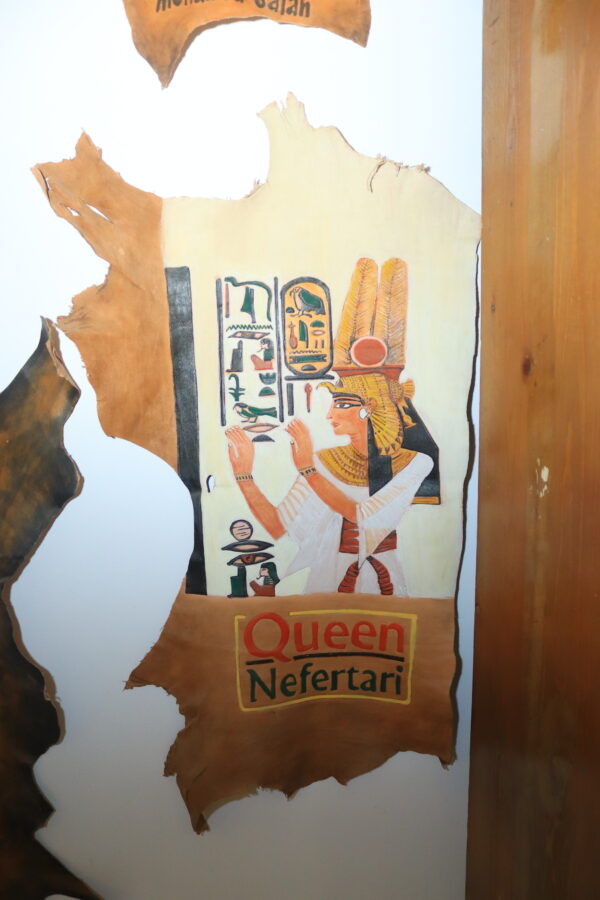 Hand-Painted Leather Wall Art of Queen Nefertari with Plumed Headdress