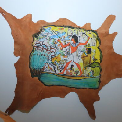 Hand-Painted Leather Wall Art with Ancient Egyptian Hunting Scene