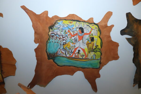 Hand-Painted Leather Wall Art with Ancient Egyptian Hunting Scene