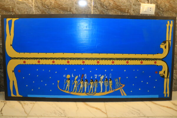 Hand-Painted Egyptian Wall Art with Sunboat and Deities