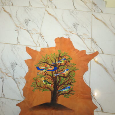 Hand-Painted Leather Wall Art with Birds and Tree