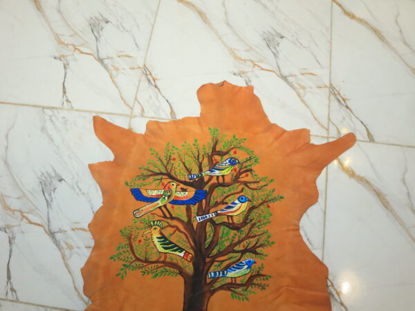 Hand-Painted Leather Wall Art with Birds and Tree