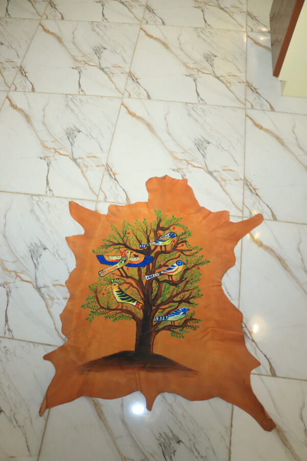 Hand-Painted Leather Wall Art with Birds and Tree