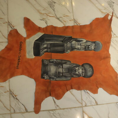 Hand-Painted Leather Wall Art of Goddess Sekhmet Statues
