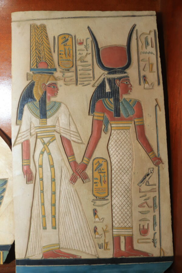 Hand-Painted Egyptian Plaque of Queen Nefertari and Goddess Isis