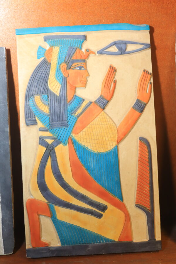 Hand-Painted Egyptian Plaque of Kneeling Goddess Isis with Wadjet