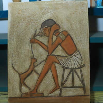 Hand-Carved Egyptian Wall Plaque of a Scribe with a Cat