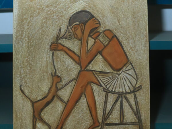 Hand-Carved Egyptian Wall Plaque of a Scribe with a Cat