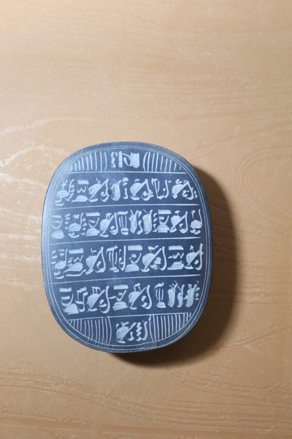 Hand-Carved Black Stone Scarab with Hieroglyphic Inscriptions