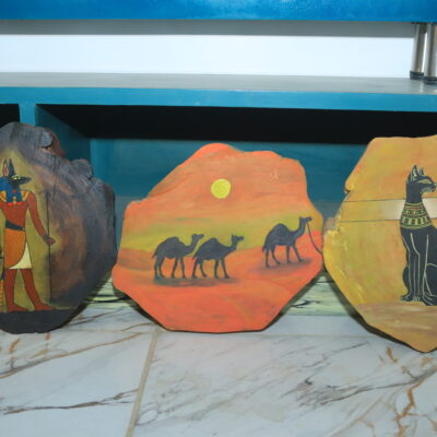 IMG_0677 Set of Three Hand-Painted Wooden Egyptian Art Pieces (Anubis, Camels, Cat)
