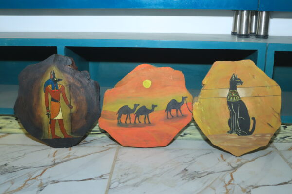 Set of Three Hand-Painted Wooden Egyptian Art Pieces (Anubis, Camels, Cat)