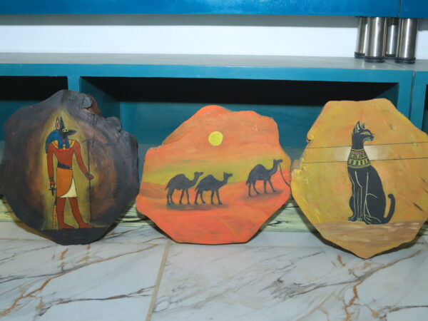 Set of Three Hand-Painted Wooden Egyptian Art Pieces (Anubis, Camels, Cat)