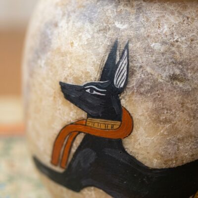 Hand-Carved Alabaster Jar with Anubis God