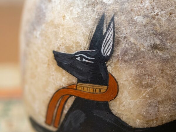 Hand-Carved Alabaster Jar with Anubis God