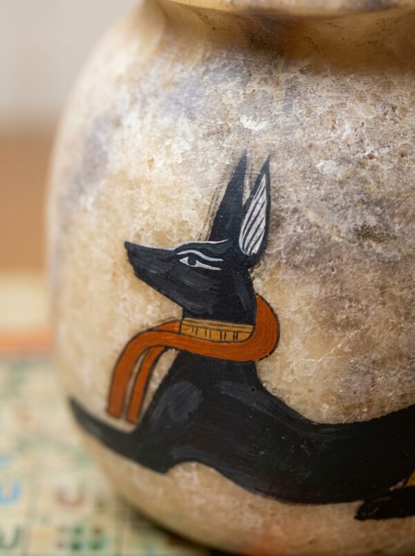 Hand-Carved Alabaster Jar with Anubis God
