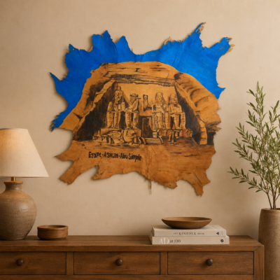 Hand-Painted Leather Wall Art with Abu Simbel Temple