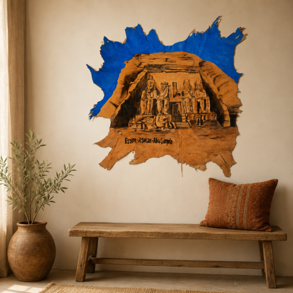 Hand-Painted Leather Wall Art with Abu Simbel Temple