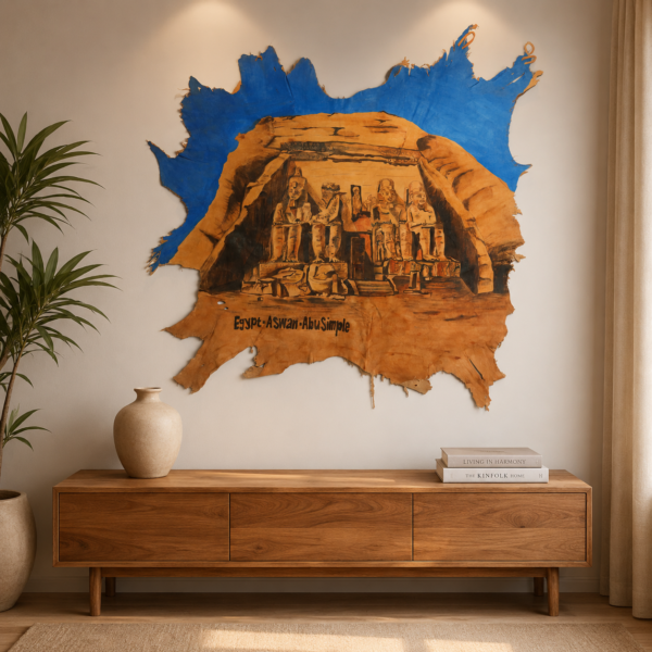 Hand-Painted Leather Wall Art with Abu Simbel Temple