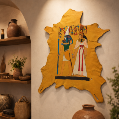 ART-HEART-001_25 Hand-Painted Leather Wall Art of the Weighing of the Heart