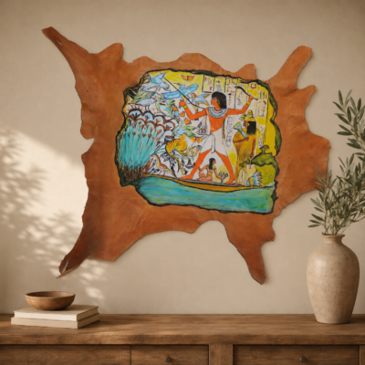 ART-HUNTING-001-02 Hand-Painted Leather Wall Art with Ancient Egyptian Hunting Scene