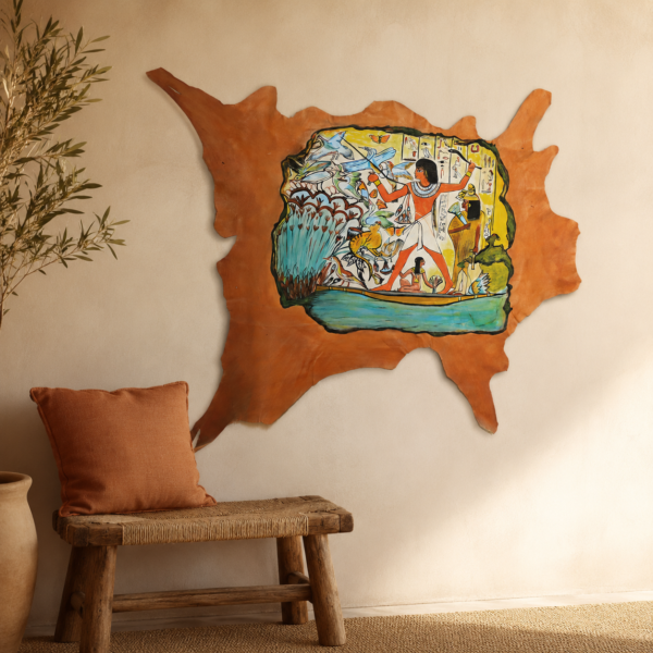 ART-HUNTING-001-05 Hand-Painted Leather Wall Art with Ancient Egyptian Hunting Scene