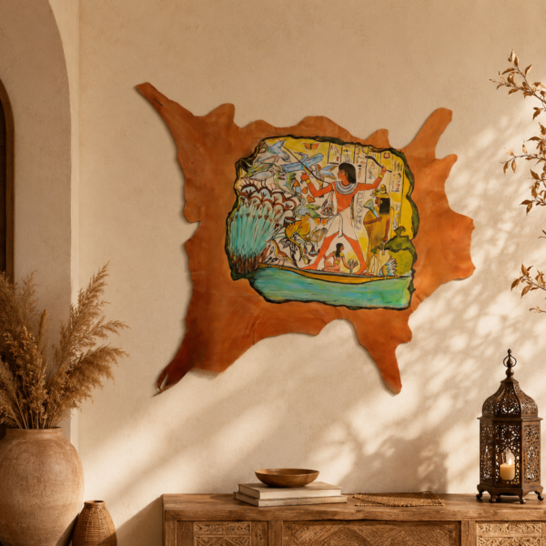 ART-HUNTING-001-10 Hand-Painted Leather Wall Art with Ancient Egyptian Hunting Scene