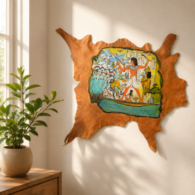 ART-HUNTING-001-16 Hand-Painted Leather Wall Art with Ancient Egyptian Hunting Scene