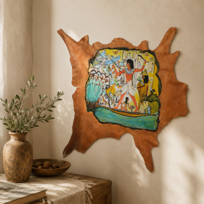ART-HUNTING-001-18 Hand-Painted Leather Wall Art with Ancient Egyptian Hunting Scene
