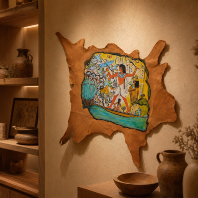 ART-HUNTING-001-24 Hand-Painted Leather Wall Art with Ancient Egyptian Hunting Scene