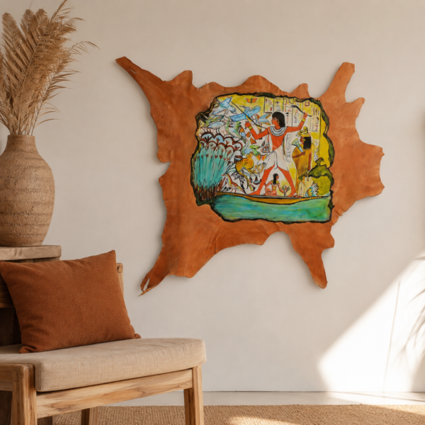 ART-HUNTING-001-25 Hand-Painted Leather Wall Art with Ancient Egyptian Hunting Scene