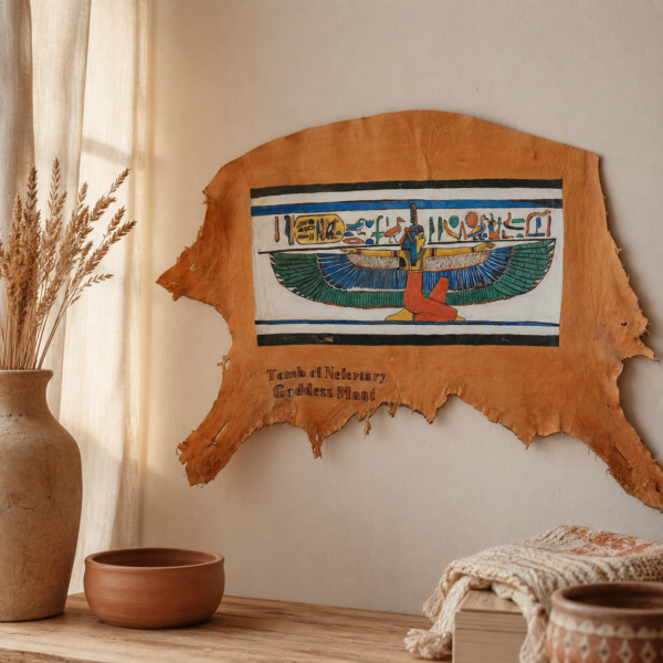 Hand-Painted Leather Wall Art of Goddess Ma'at from Nefertari's Tomb
