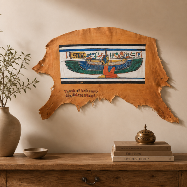Hand-Painted Leather Wall Art of Goddess Ma'at from Nefertari's Tomb