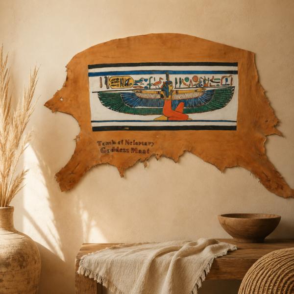 Hand-Painted Leather Wall Art of Goddess Ma'at from Nefertari's Tomb