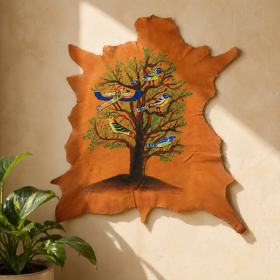 Hand-Painted Leather Wall Art with Birds and Tree
