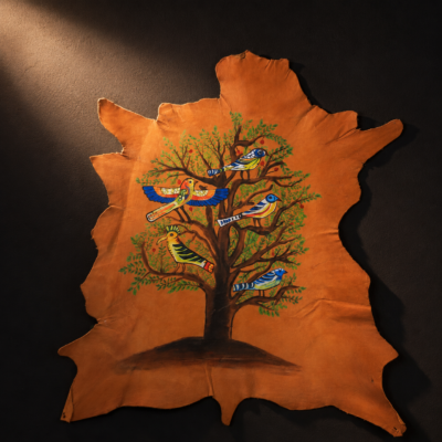 Hand-Painted Leather Wall Art with Birds and Tree
