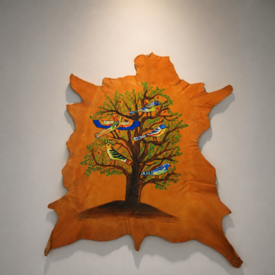 Hand-Painted Leather Wall Art with Birds and Tree
