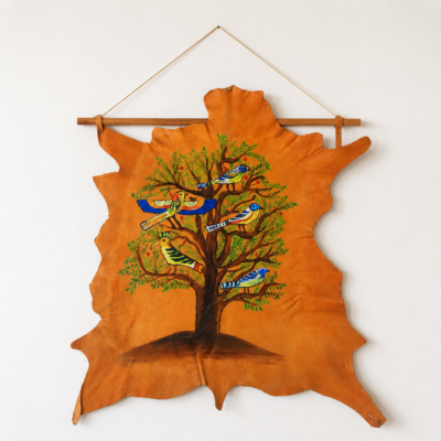 Hand-Painted Leather Wall Art with Birds and Tree