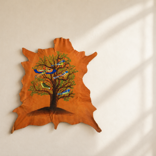Hand-Painted Leather Wall Art with Birds and Tree