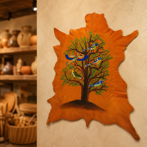 Hand-Painted Leather Wall Art with Birds and Tree