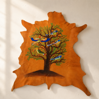 Hand-Painted Leather Wall Art with Birds and Tree