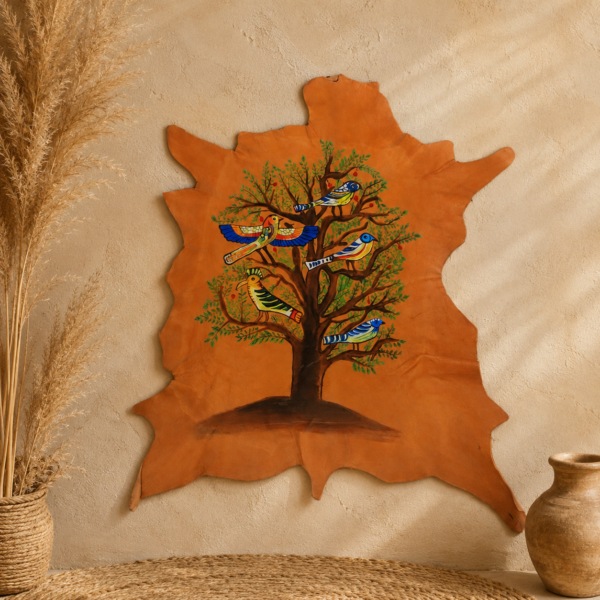 Hand-Painted Leather Wall Art with Birds and Tree